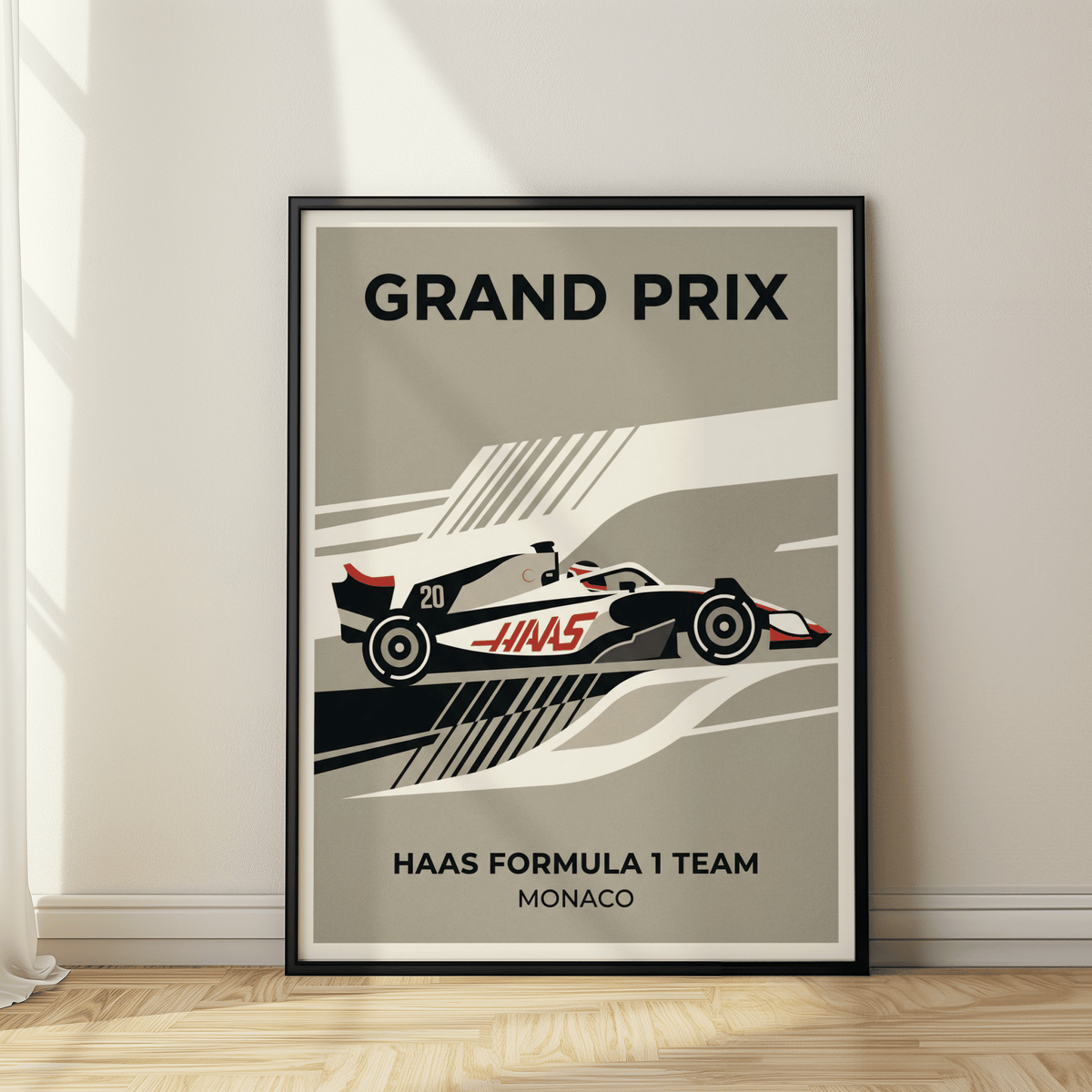 Graphic racing poster print showing side-view Formula 1 car and track stripes, Haas branding