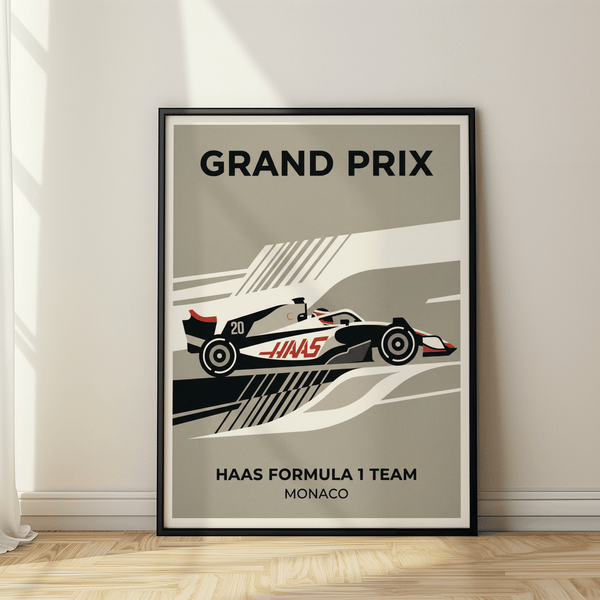 Graphic racing poster print showing side-view Formula 1 car and track stripes, Haas branding