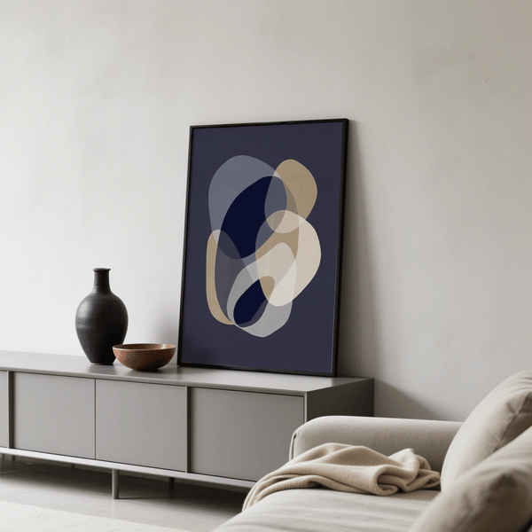 prints abstract art poster in Blue, White, and Beige for dining room