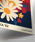 Art flower print with modern botanical shapes and flat colors.