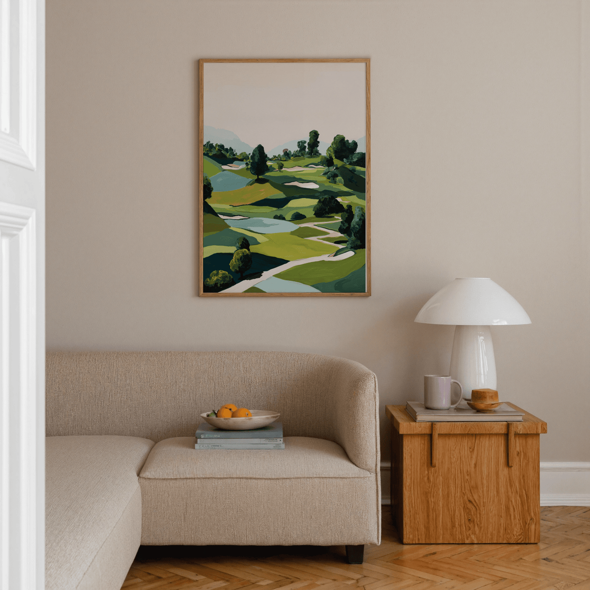 Angle shot of golf landscape poster print with clustered trees and curved fairways