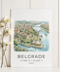 Belgrade City Art Print depicting multicolored skyline and arched bridges
