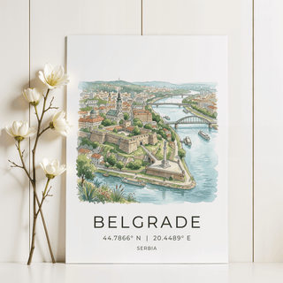 Belgrade City Art Print depicting multicolored skyline and arched bridges