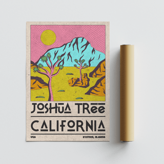 Mid century style landscape print with simplified forms and clean linework