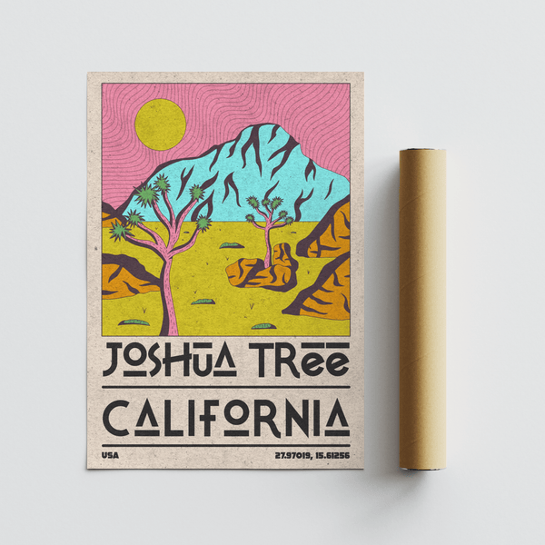 Mid century style landscape print with simplified forms and clean linework