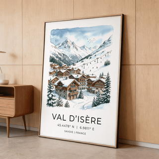 Scenic Winter Landscape Art Print featuring Val d’Isère village and peaks poster