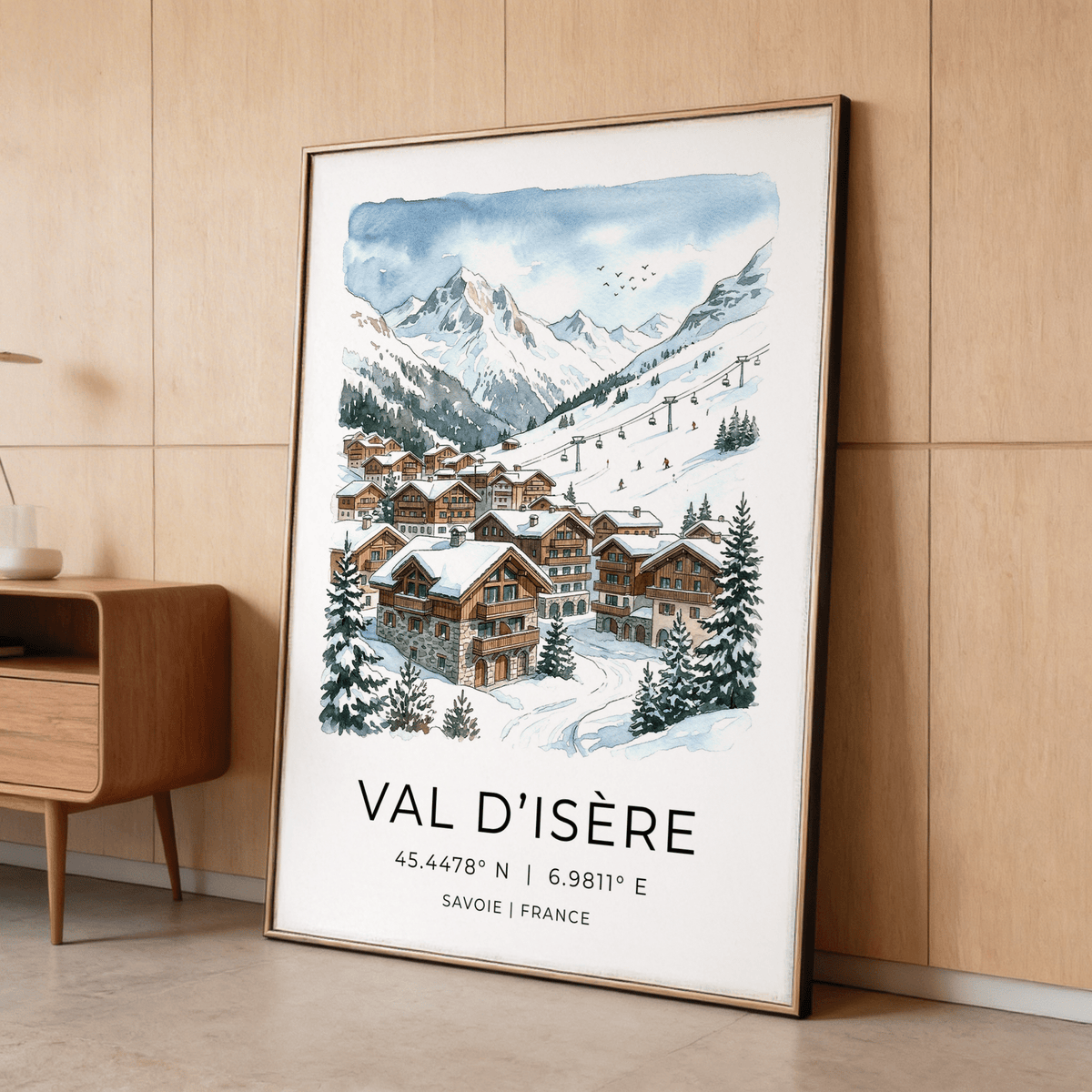 Scenic Winter Landscape Art Print featuring Val d’Isère village and peaks poster