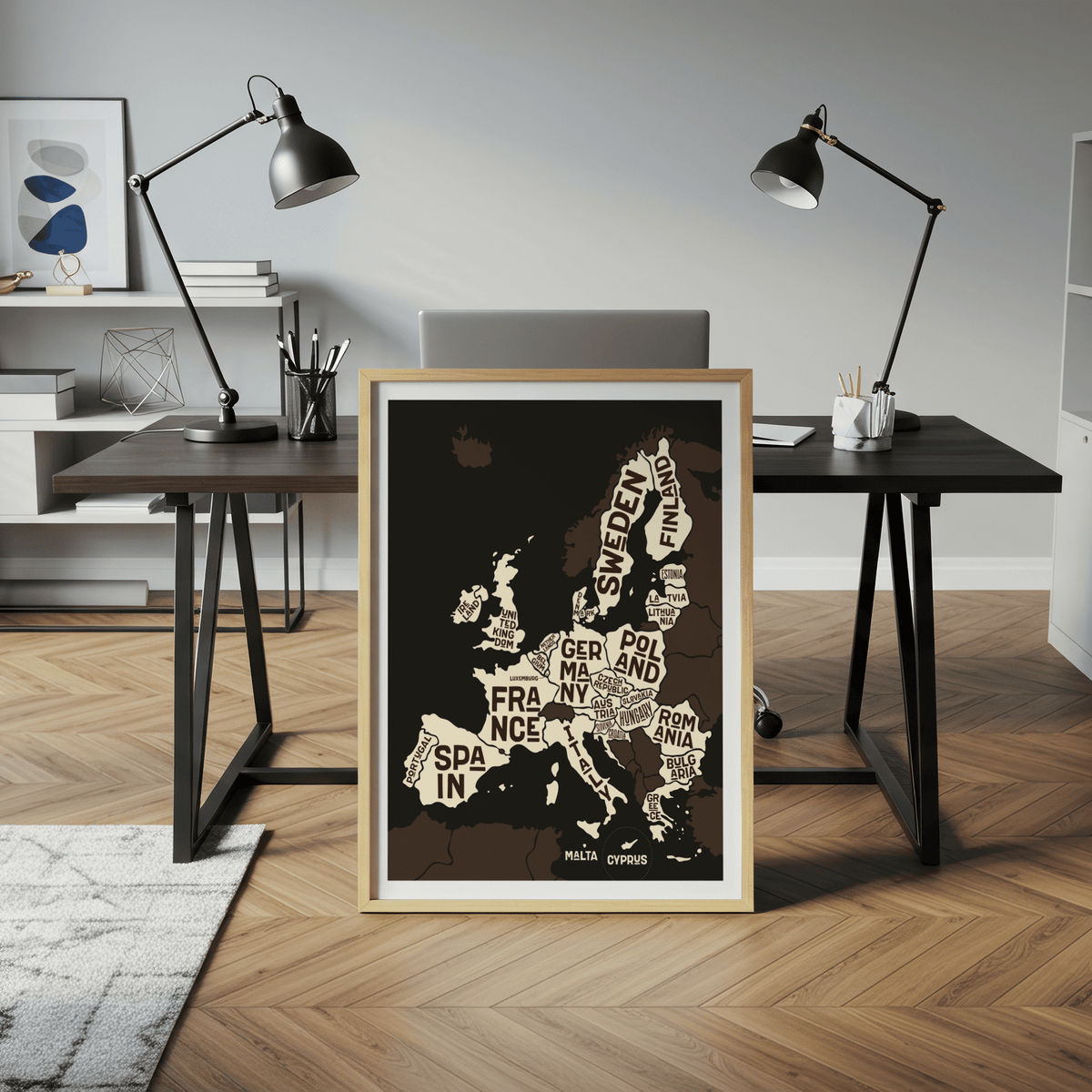 Europe Poster wall art print for bedroom in Brown Beige White