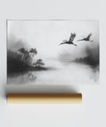 Grayscale art print of cranes over water, part of Japanese cranes flying art collection.