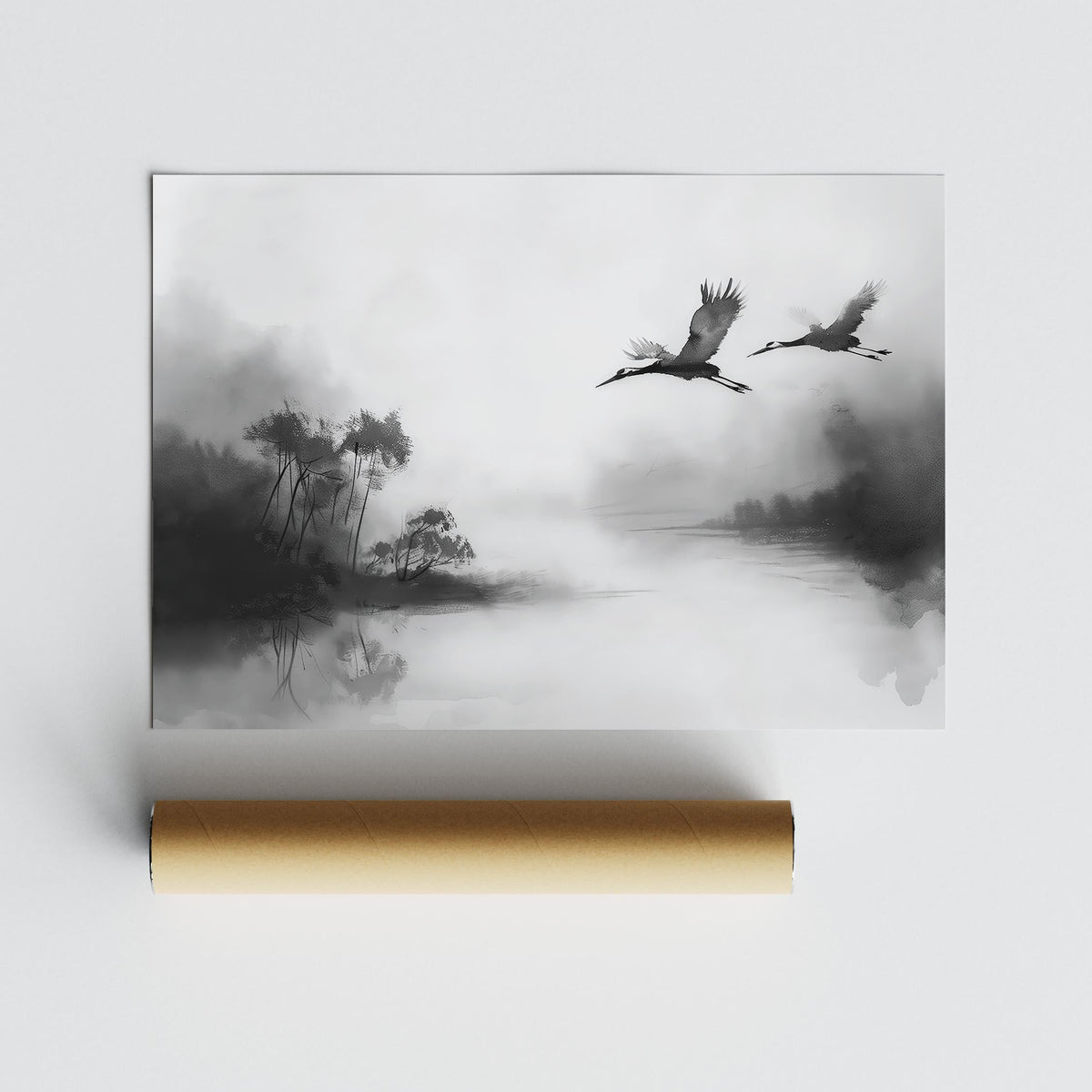 Grayscale art print of cranes over water, part of Japanese cranes flying art collection.