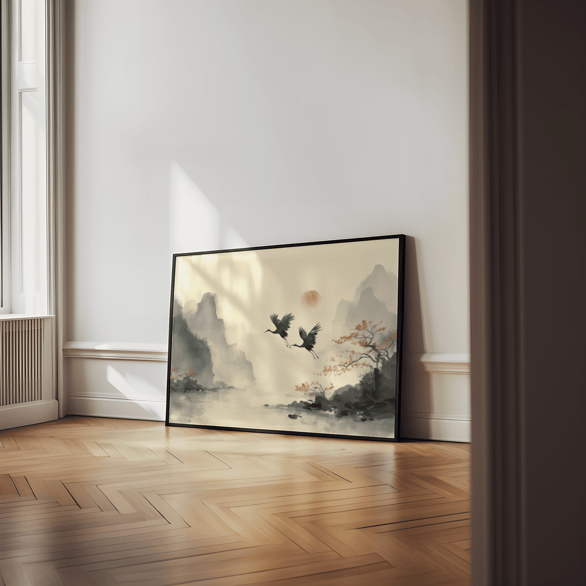 Traditional Ink Wall Art featuring cranes, Black and Red, bedroom wall art