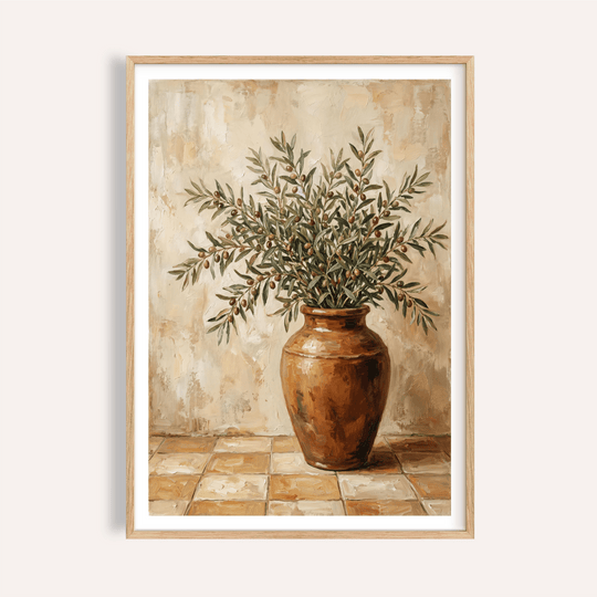 Rustic Olive Art kitchen print with green, brown, orange, and white tones
