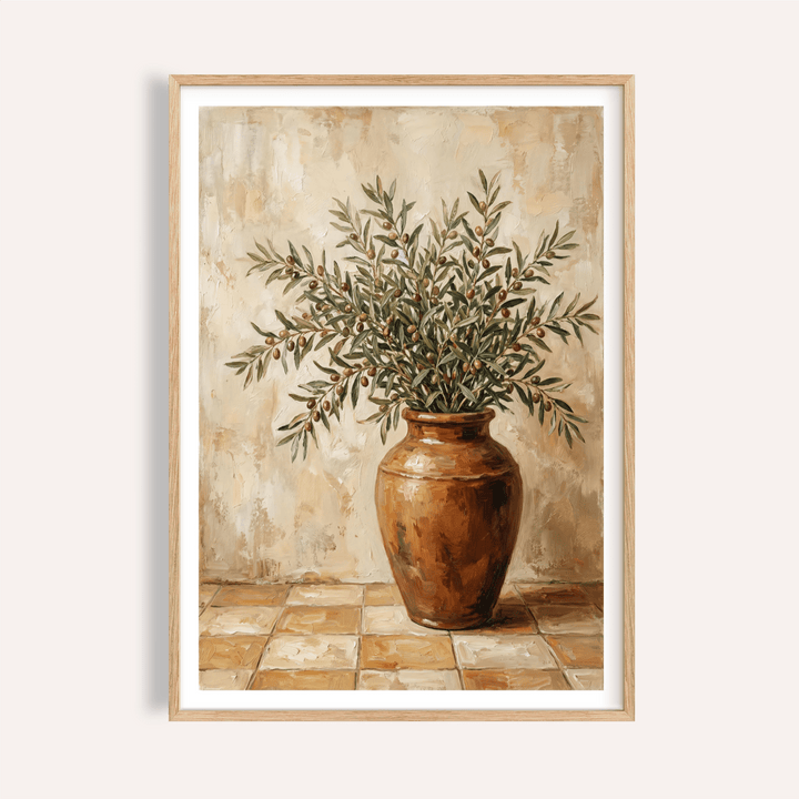 Rustic Olive Art kitchen print with green, brown, orange, and white tones