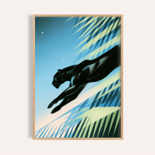 Leaping panther wall art poster with diagonal palm fronds and gradient sky
