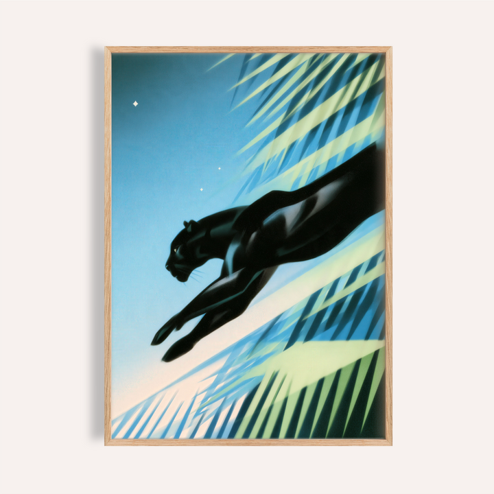 Leaping panther wall art poster with diagonal palm fronds and gradient sky