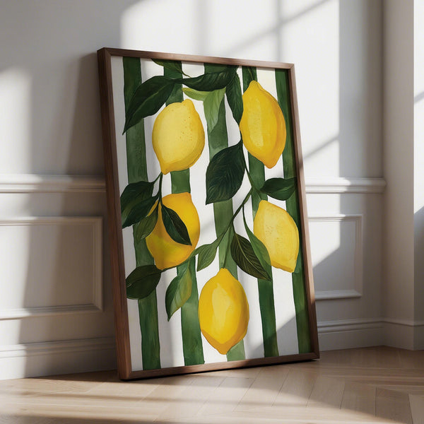 Lemon Painting print with yellow lemons and green striped background.