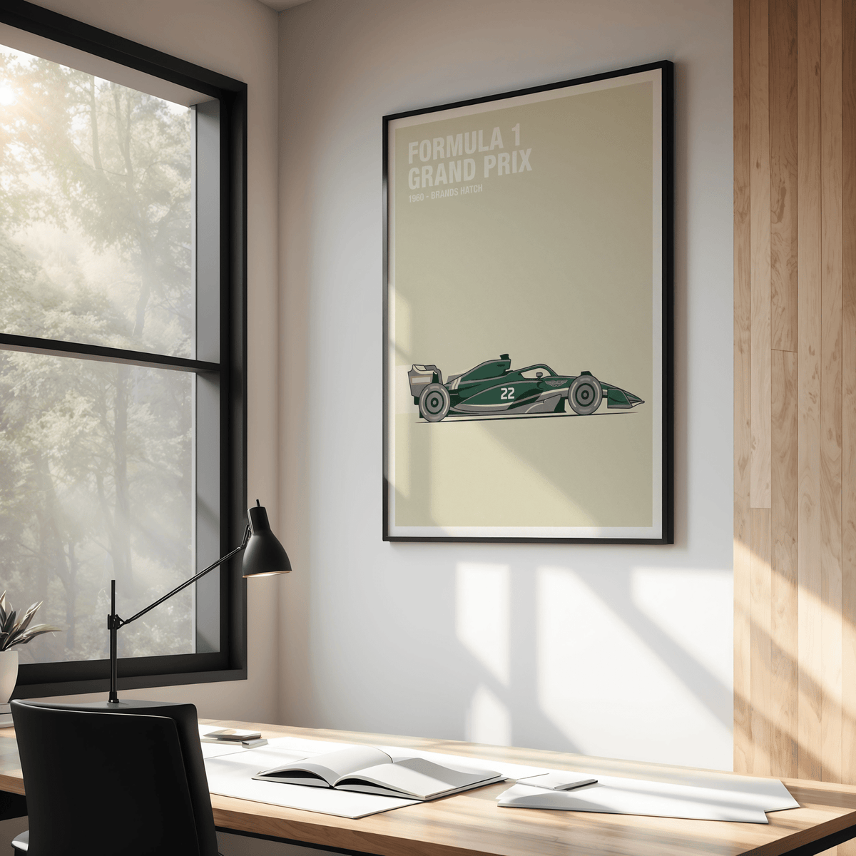 Typography-led Vintage Racing Art poster with open-wheel race car illustration and event text