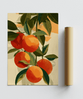 Fruit Art Print, oranges and leaves, beige and yellow, living room print
