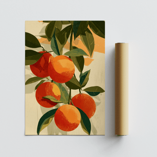 Fruit Art Print, oranges and leaves, beige and yellow, living room print