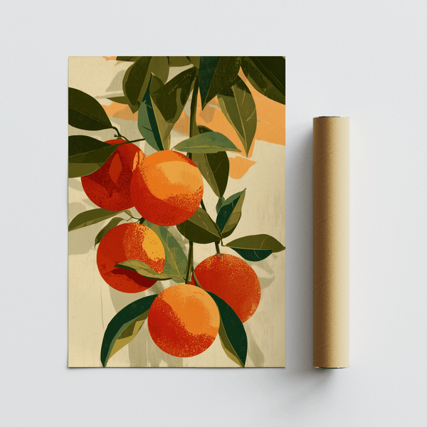 Fruit Art Print, oranges and leaves, beige and yellow, living room print