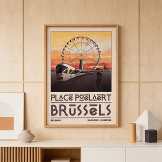 Side angle of Brussels Cityscape Art Print with Place Poelaert lettering and skyline