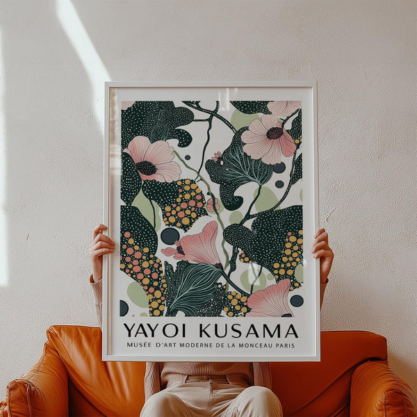 Modern wall art with pink blooms and Yayoi Kusama style dot patterns
