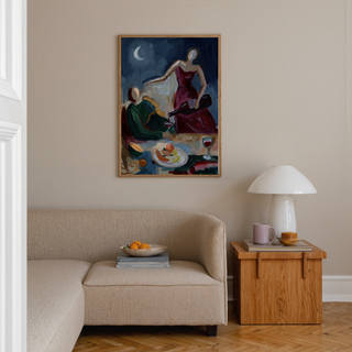 Modern Couple Dinner Wall Art poster with wine pour gesture, tabletop still life, and night sky