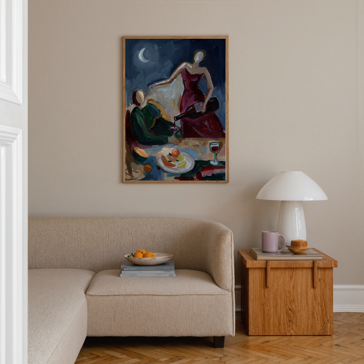 Modern Couple Dinner Wall Art poster with wine pour gesture, tabletop still life, and night sky