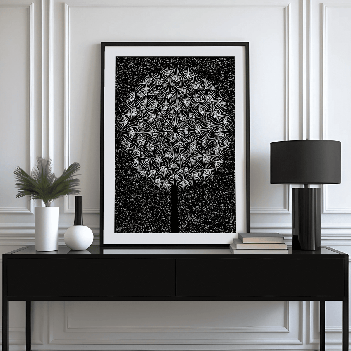 Dandelion Wall Print, geometric Black and White for dining room