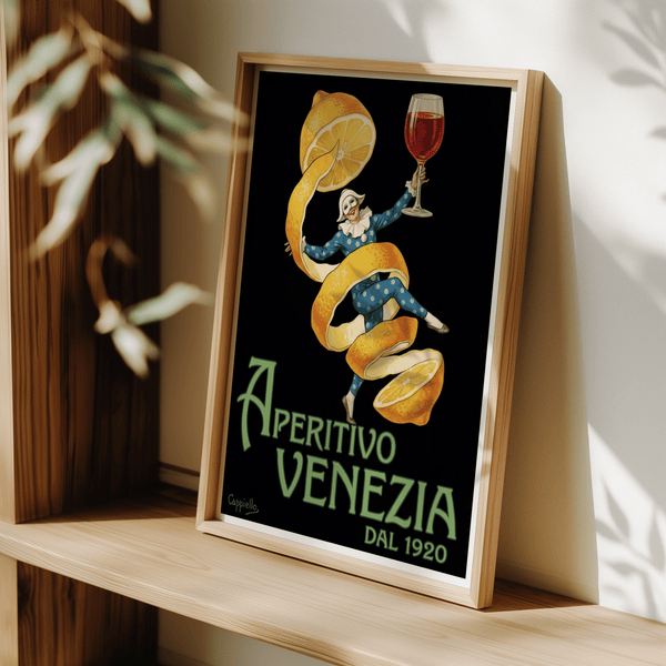 Vintage Aperitivo Print showing bright yellow lemon, fits modern kitchen wall art