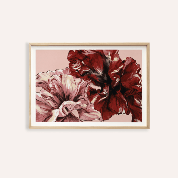 Pink Floral Print poster with two layered blossoms on neutral ground