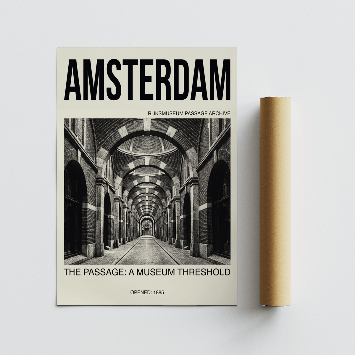 Graphic photo poster of a museum passage with patterned brickwork and symmetrical arch sequence