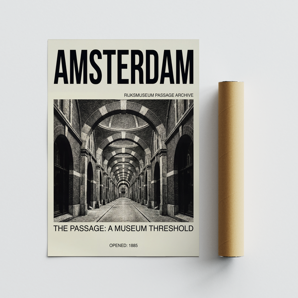 Graphic photo poster of a museum passage with patterned brickwork and symmetrical arch sequence