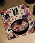 Cute Cat Ramen poster featuring main colors Black White Purple Orange for dining room