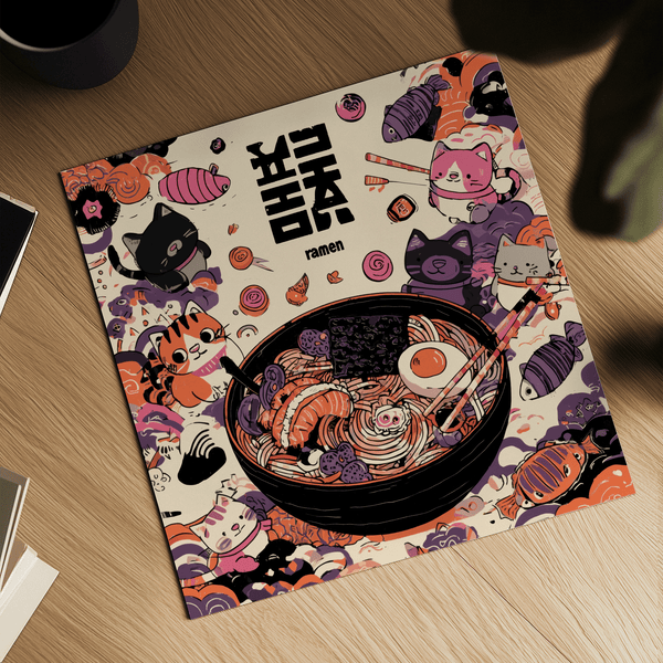 Cute Cat Ramen poster featuring main colors Black White Purple Orange for dining room