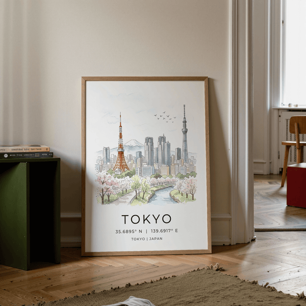Detailed Tokyo Skyline Art Print featuring Tokyo Tower and a riverside park scene