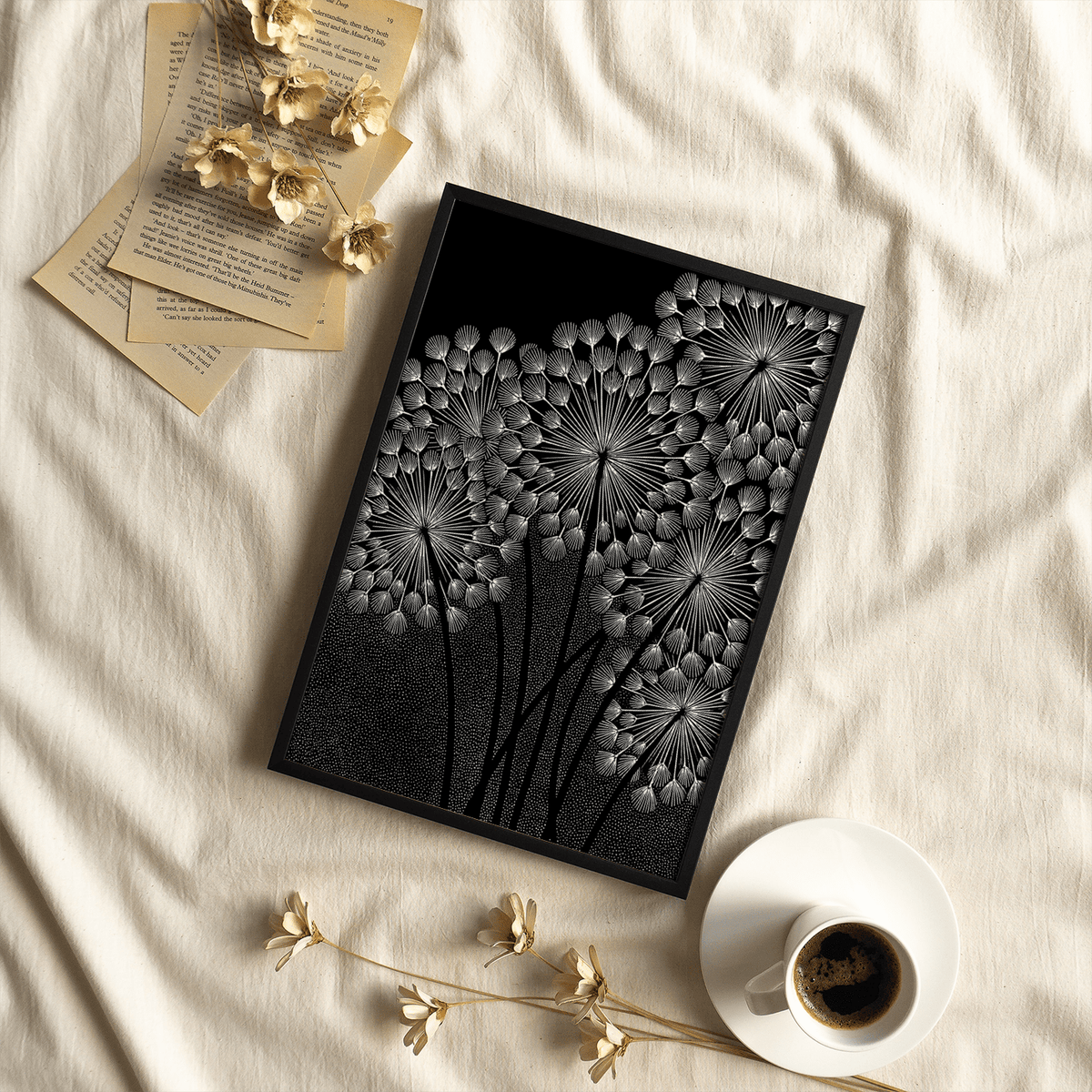 Elegant Dandelions Wall Art print in black and white for bedroom