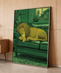 Resting lion art print with fine linework on upholstered sofa and indoor plants