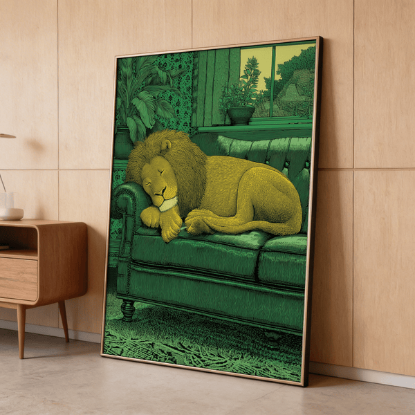Resting lion art print with fine linework on upholstered sofa and indoor plants