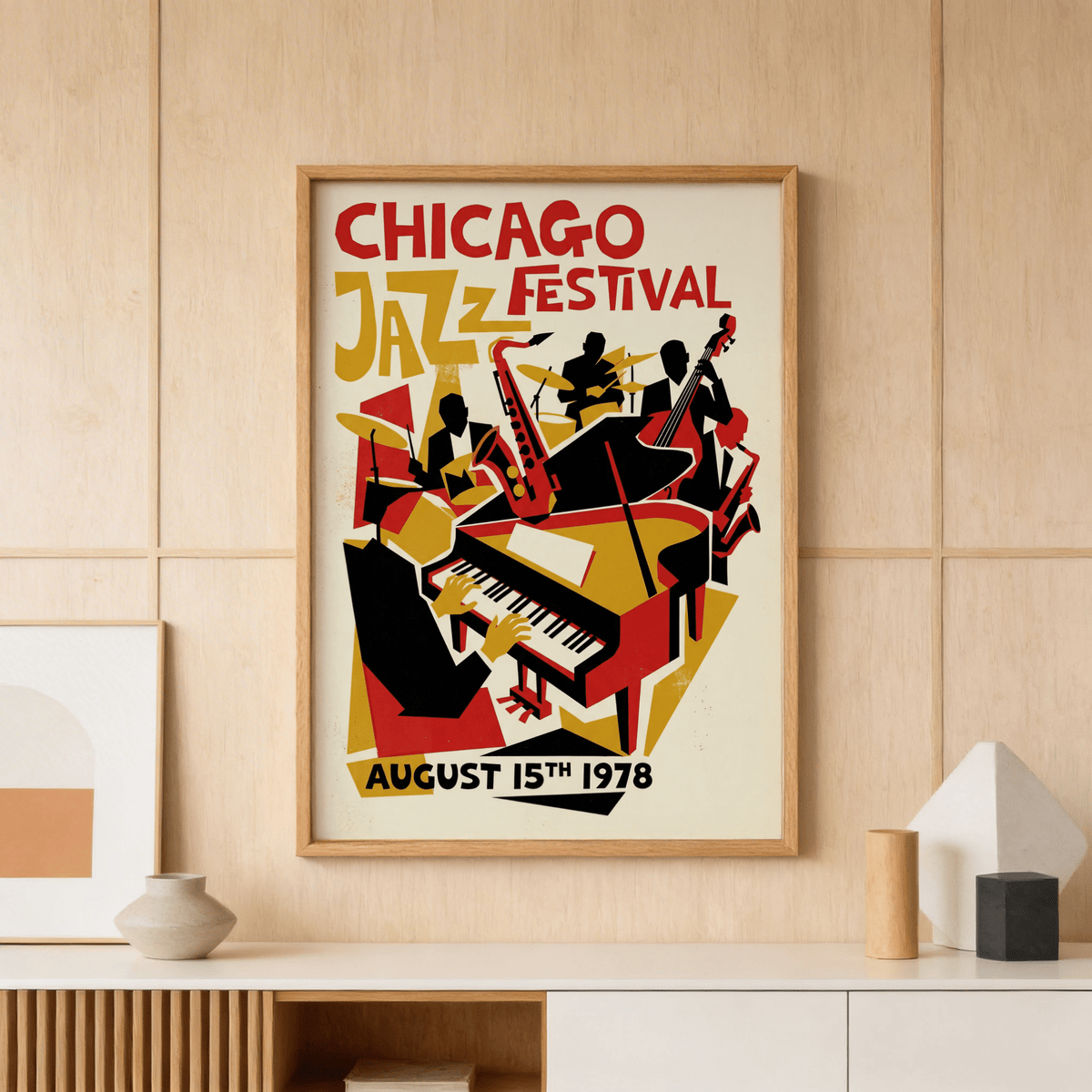 Showcasing jazz festival poster print with musician silhouettes and bold typography