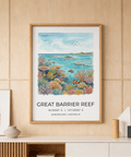 Illustrated reef poster showing coral garden, striped fish, and ocean horizon