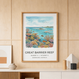 Illustrated reef poster showing coral garden, striped fish, and ocean horizon
