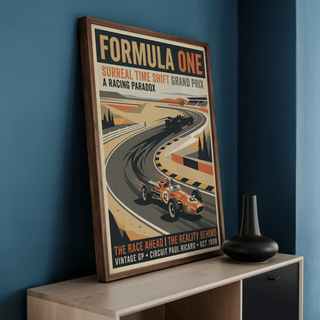 Typography detail poster print showing “SURREAL TIME SHIFT GRAND PRIX” and “A RACING PARADOX” text