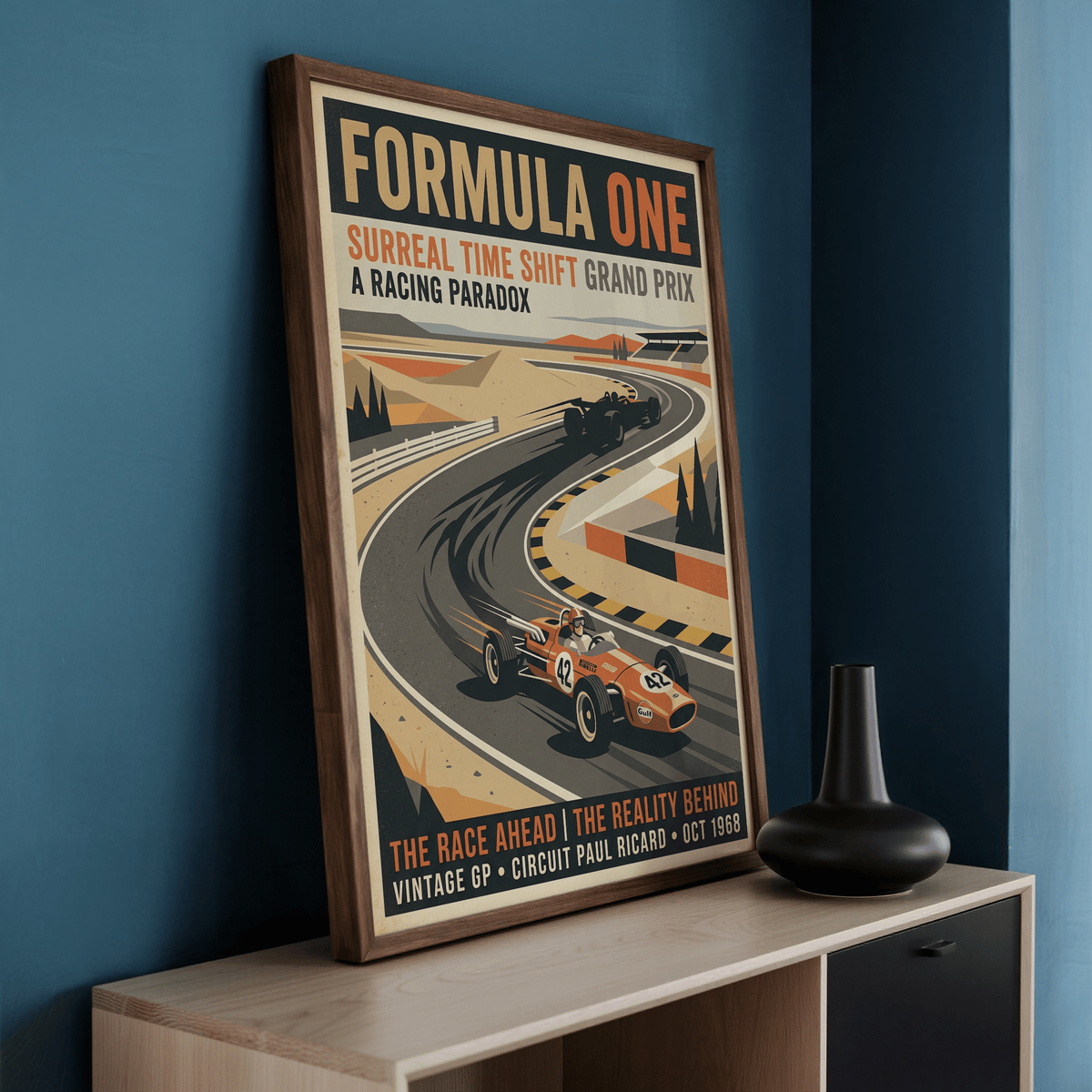 Typography detail poster print showing “SURREAL TIME SHIFT GRAND PRIX” and “A RACING PARADOX” text