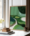 Textured golf course print poster with central pin flag and simplified fairway forms