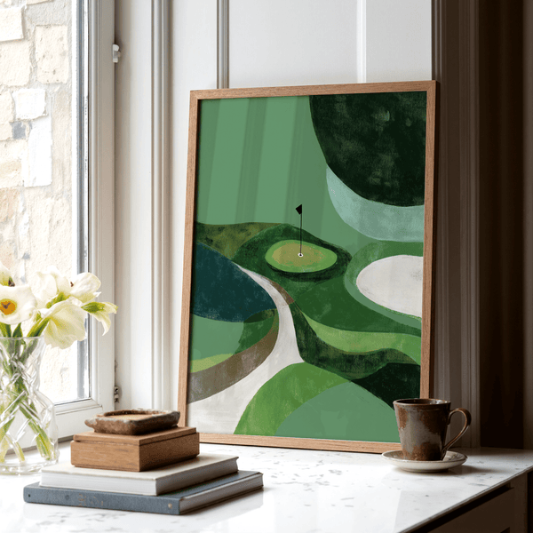 Textured golf course print poster with central pin flag and simplified fairway forms