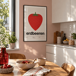 Red strawberry with leafy top print in a blush kitchen window