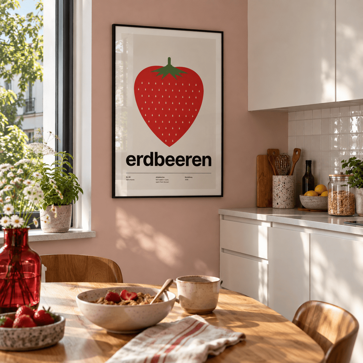 Red strawberry with leafy top print in a blush kitchen window