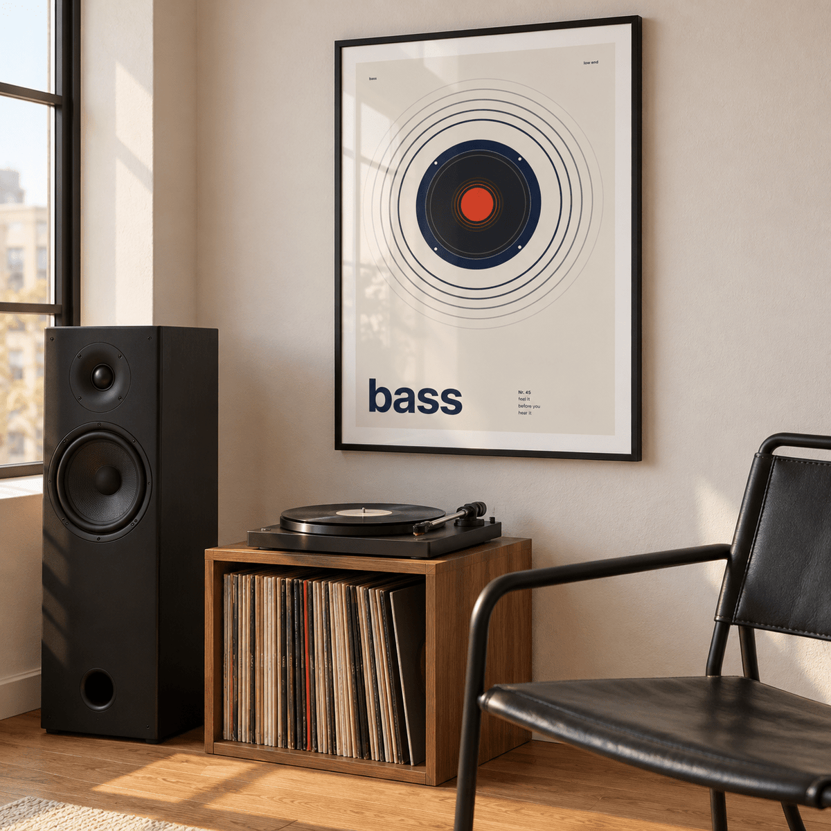 Navy speaker driver with red cap print in a music practice corner