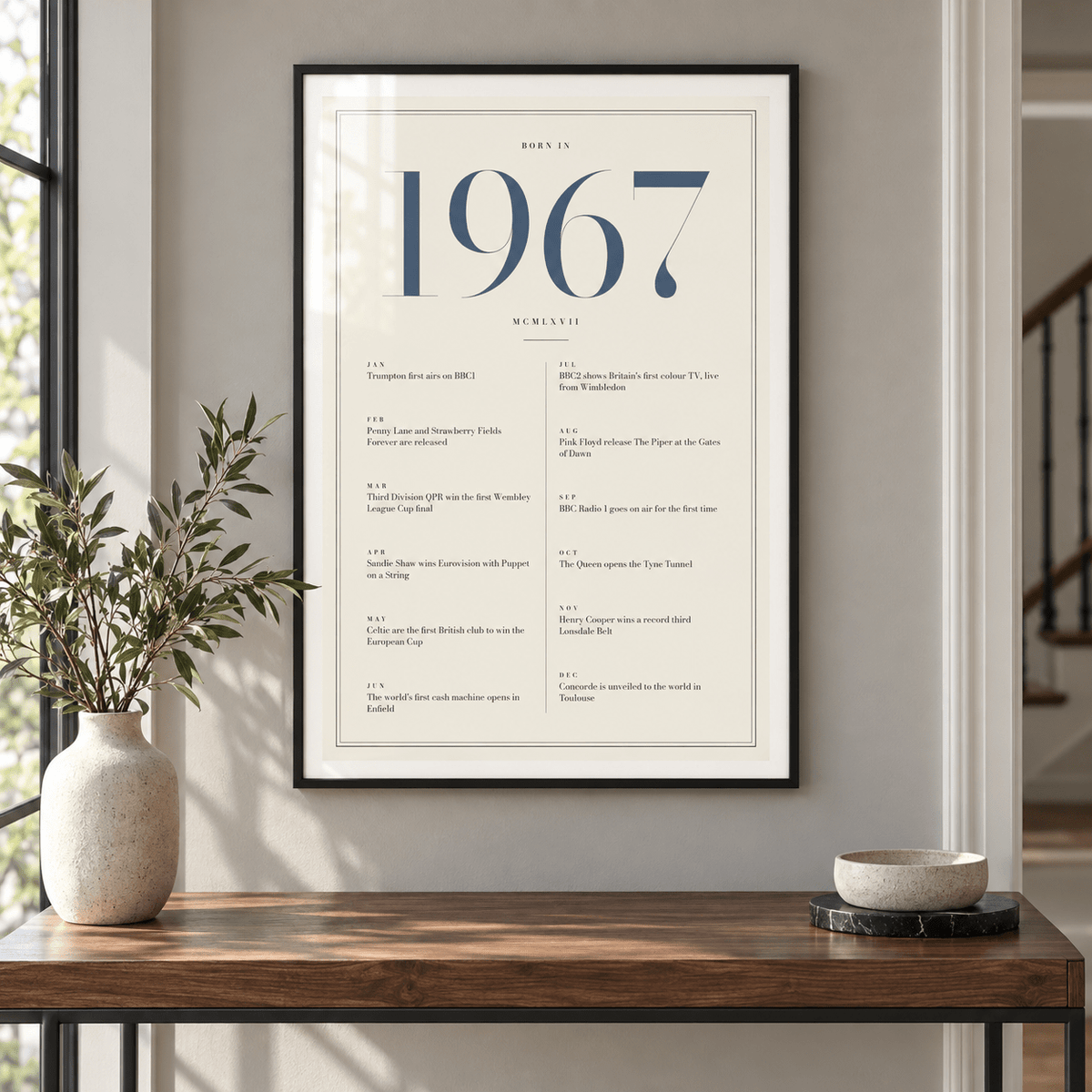 Cream and slate blue 1967 birth year print in a calm room setting